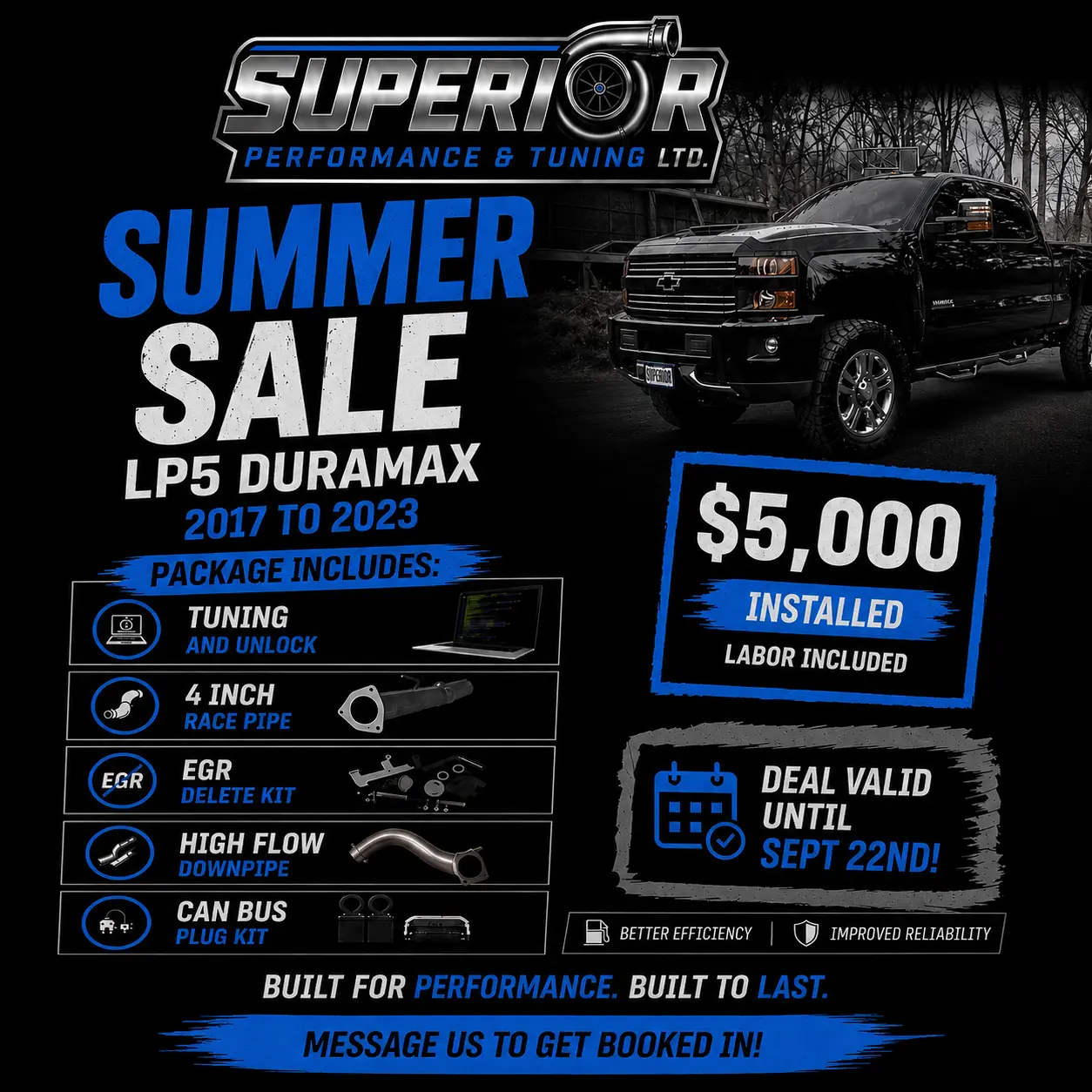 Summer Sale — LP5 Duramax 2017 to 2023, $5,000 installed